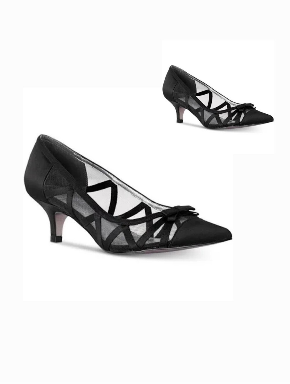 New Adrianna Papell Pointed Toe Black Satin Evening Cocktail Kitten Pumps  7.5